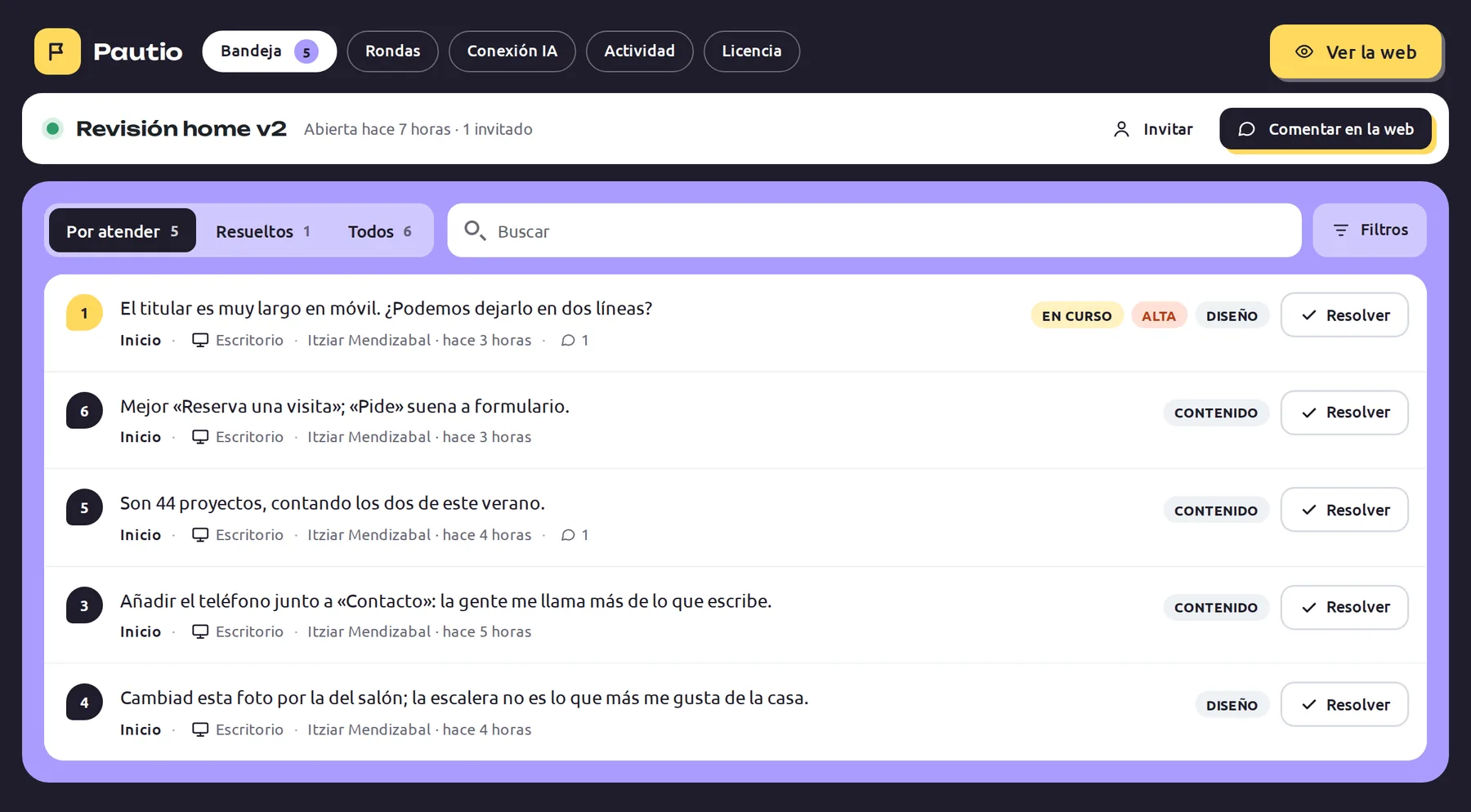 Bandeja de Pautio con los comentarios del cliente