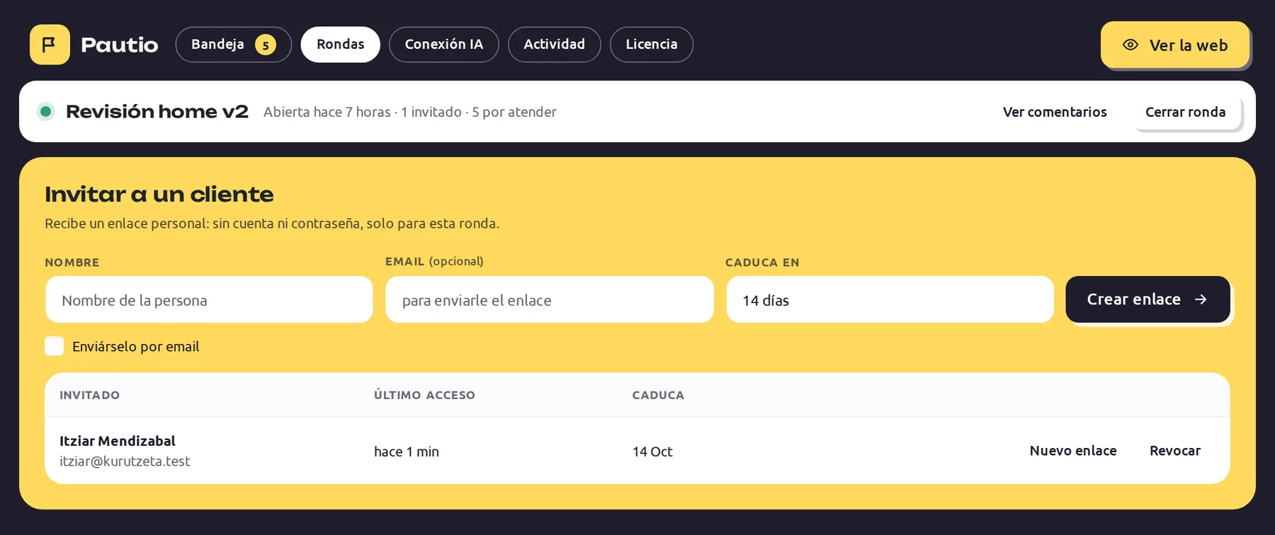 Pantalla Rondas e invitados de Pautio con la ronda Revisión home v2 abierta