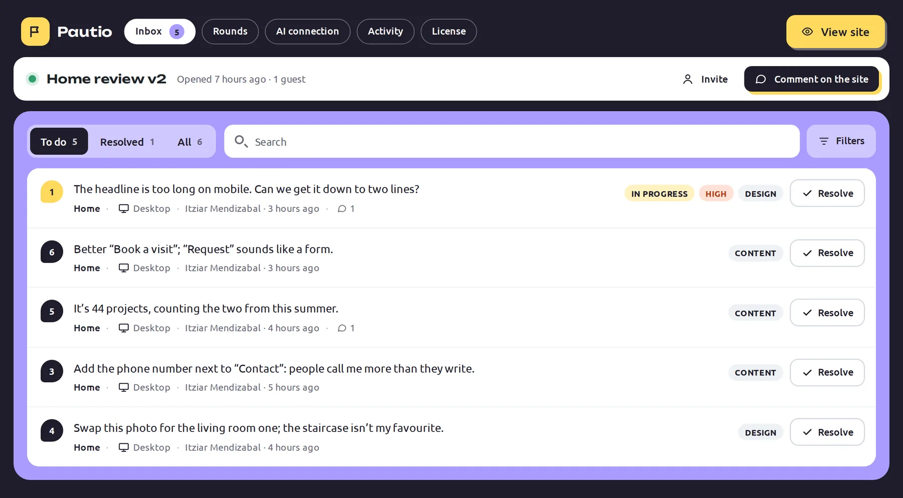 Pautio's inbox in wp-admin with six comments and their status, category and priority labels