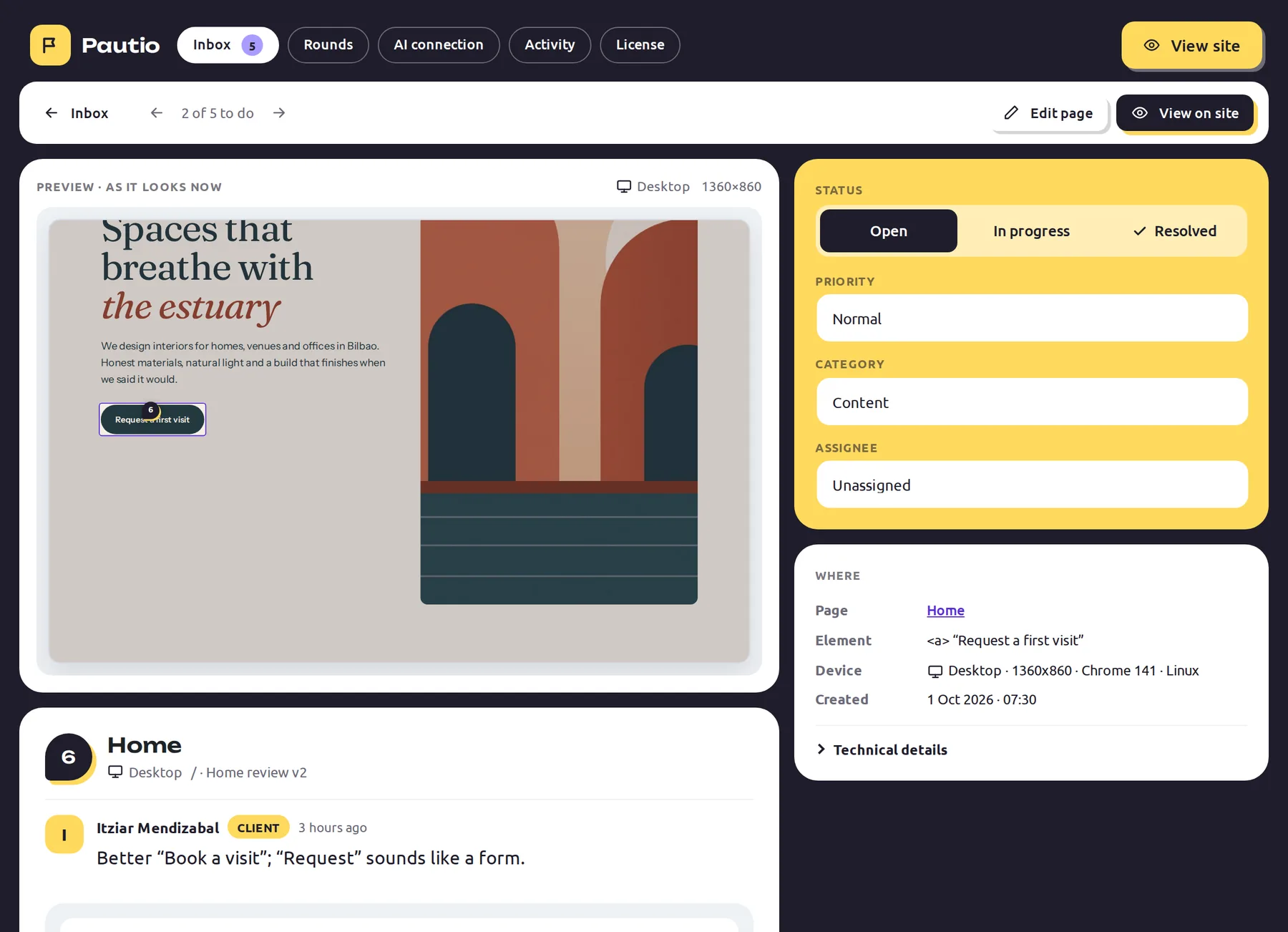 Detail of a comment in Pautio: page preview with the element highlighted, status, priority, category, device and reply