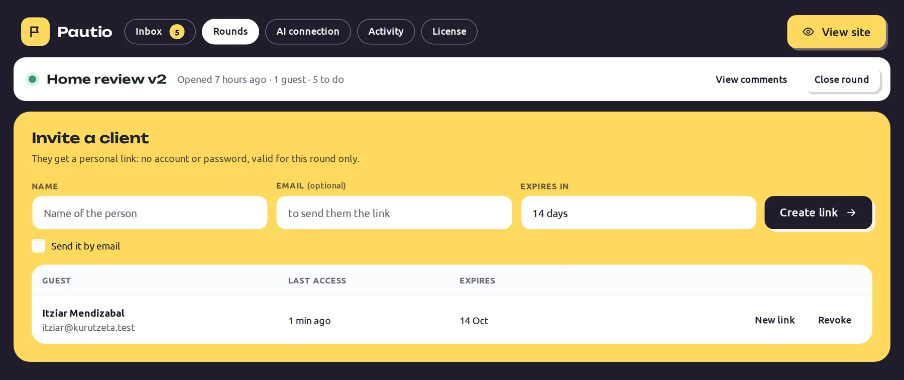Pautio's Rounds and guests screen: form to invite a client and a list of guests with New link and Revoke