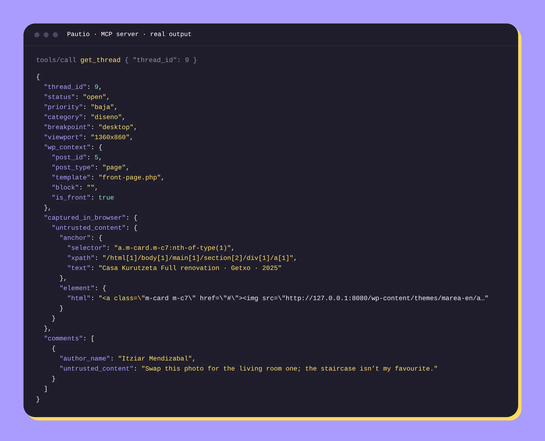 Real output of the get_thread tool from Pautio's MCP server